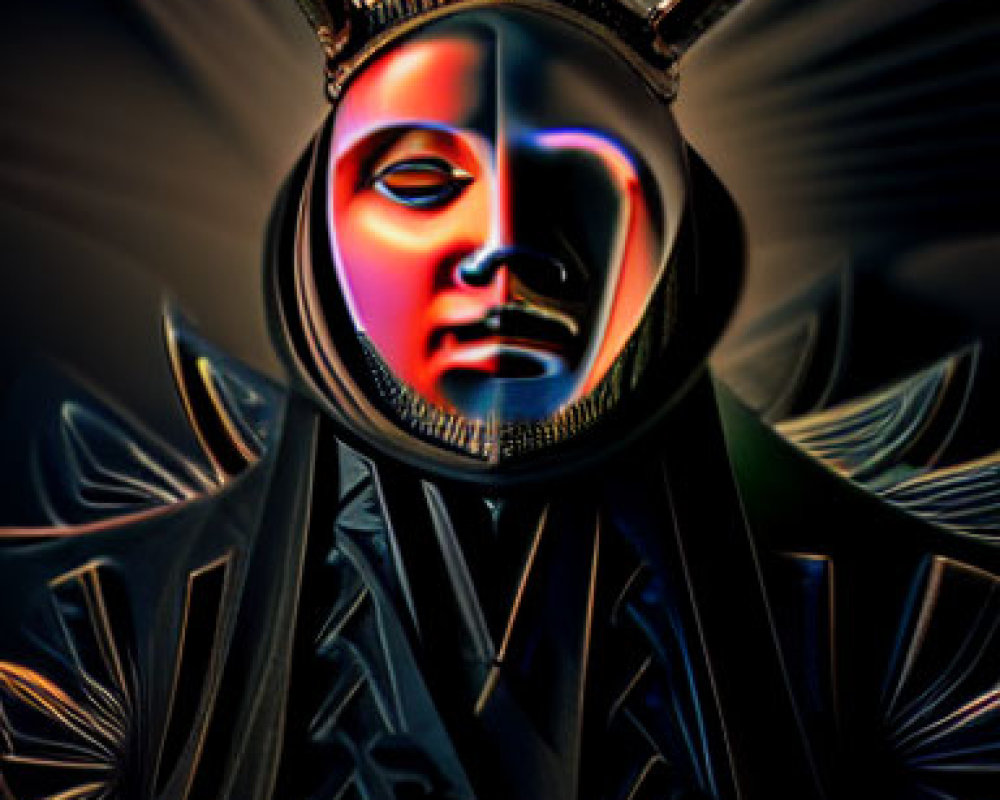 Colorful Surreal Digital Artwork of Stylized Human Face on Dark Abstract Background