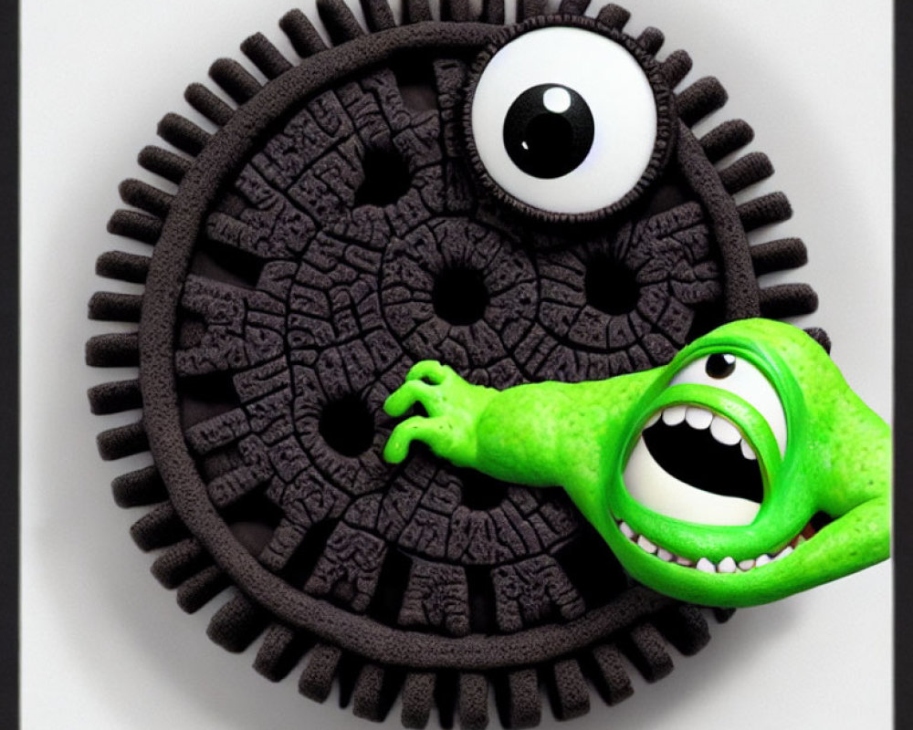 Green one-eyed monster holding cookie-textured gear on light background