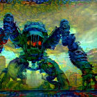 Futuristic robot with glowing blue lights in green-tinted digital rain