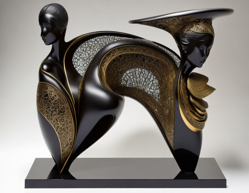 Intricate Black and Gold Sculpture of Intertwined Figures