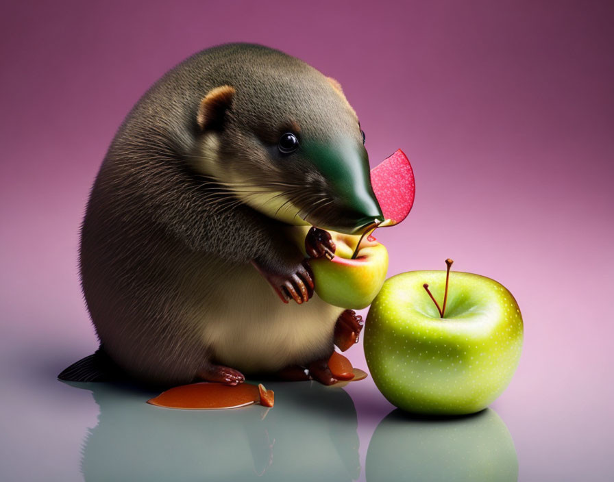 Anthropomorphic anteater with red and green apple on purple background