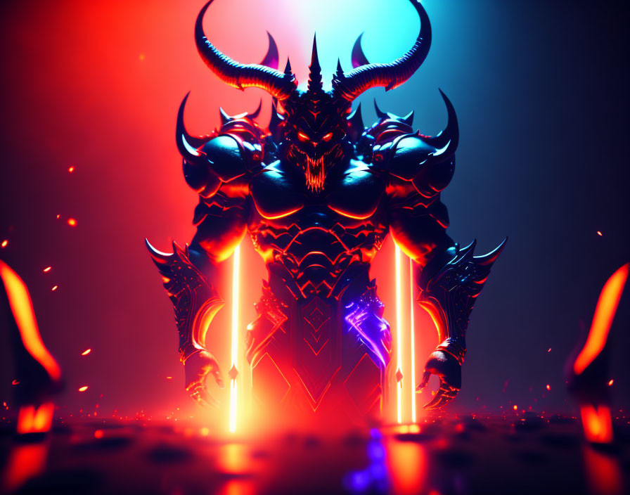 Armored character in fiery environment with glowing accents