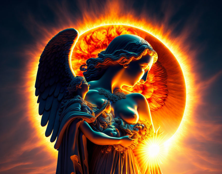 Winged figure with halo embracing smaller being against fiery sky