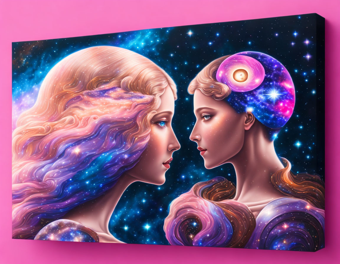 Two women with galaxy-themed hair and planetary ring on canvas