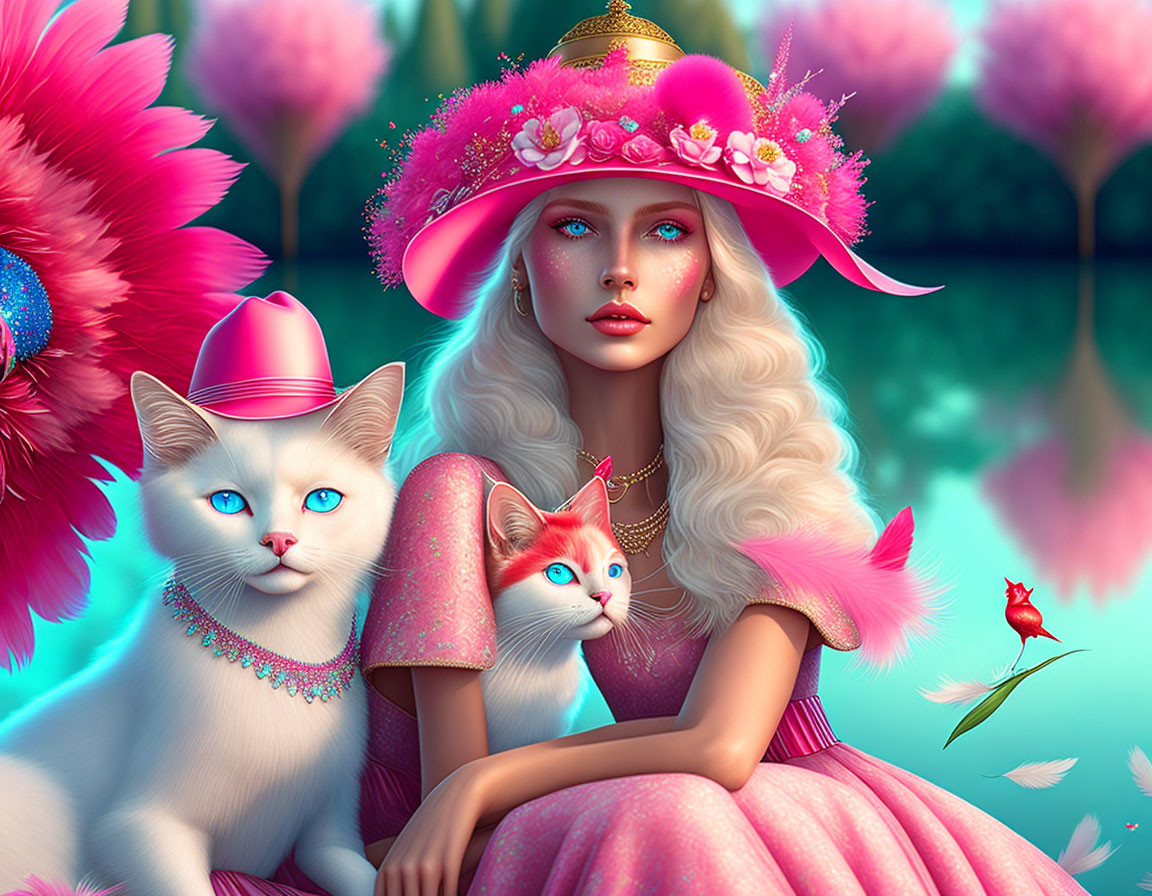 Woman in Pink Dress with Floral Hat Sitting Near Cats by Tranquil Pond
