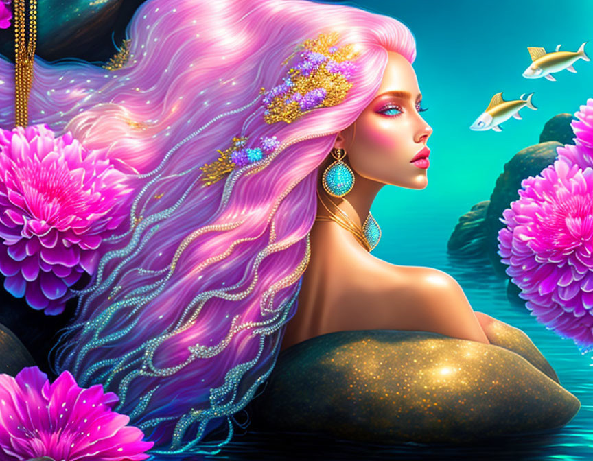 Colorful Mermaid Illustration with Pink Hair and Floral Accents Among Underwater Coral