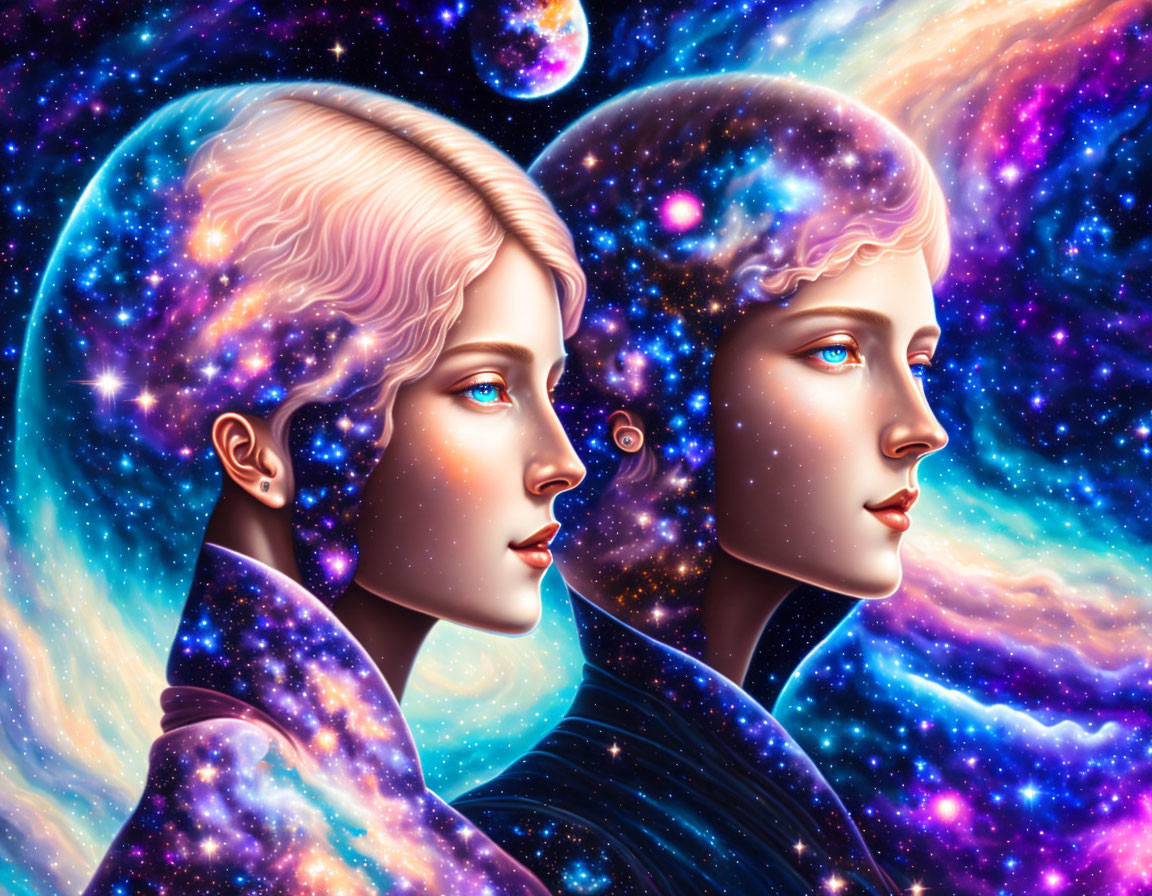 Digital artwork: Two cosmic profiles blend human and celestial elements