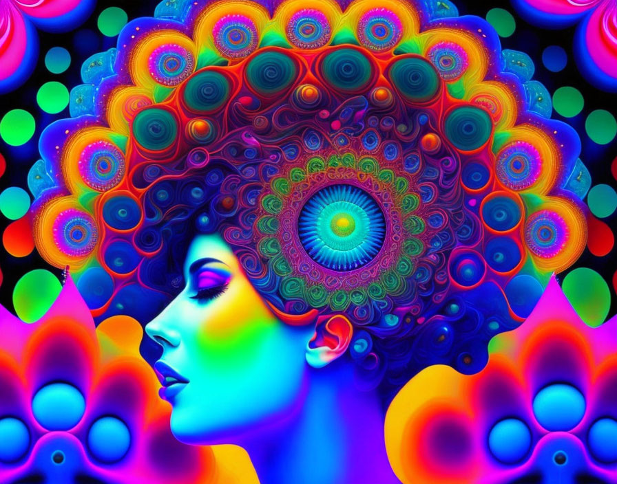 Colorful digital art: Woman's profile with psychedelic patterns and neon aura