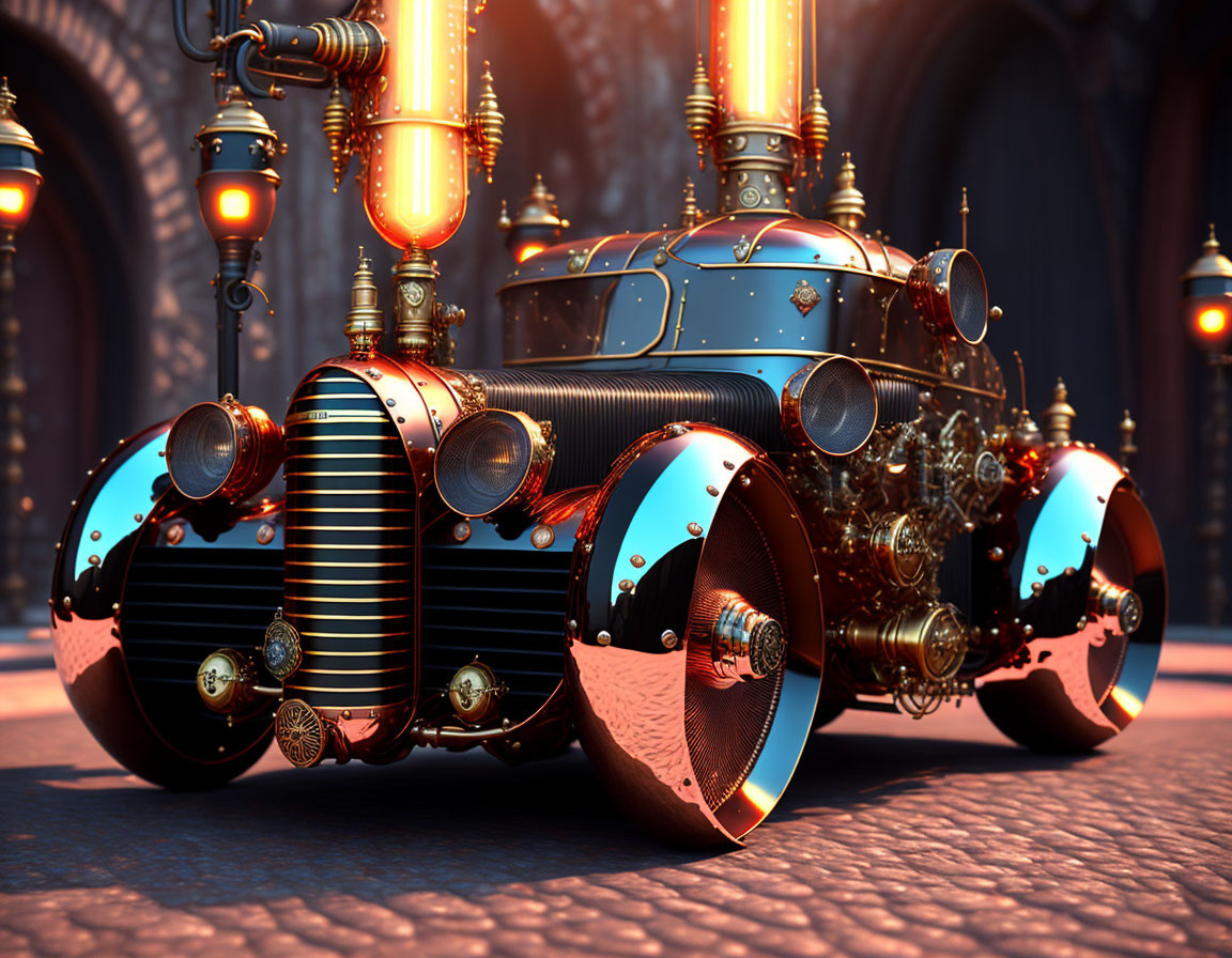 Detailed Steampunk Vehicle with Copper Piping and Gears in Warmly Lit Hallway