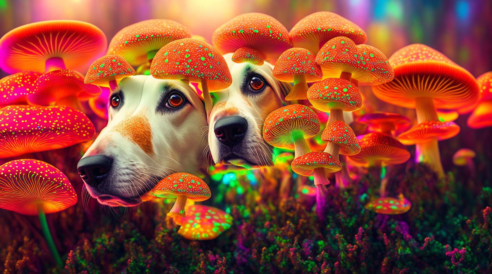 Whimsical dog faces blend into vibrant mushroom scene