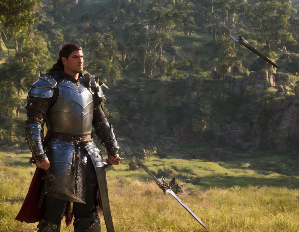 Knight in shining armor with cape and sword in grassy field surrounded by trees and rocky terrain.