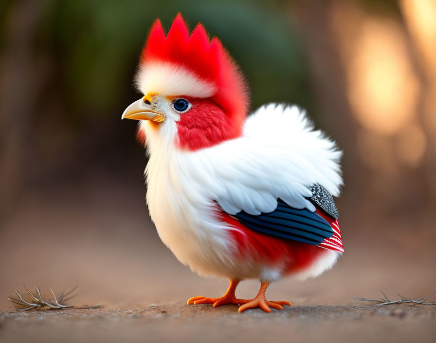 Colorful creature: chicken body, bird head, red crest, white feathers, patterned wing