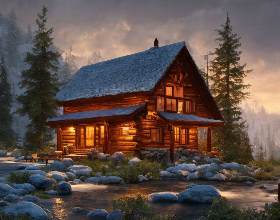 Rustic cabin in forest clearing by stream at dusk