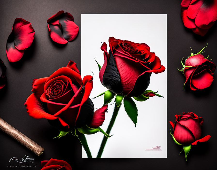 Colorful rose painting on dark background with scattered petals and signature.