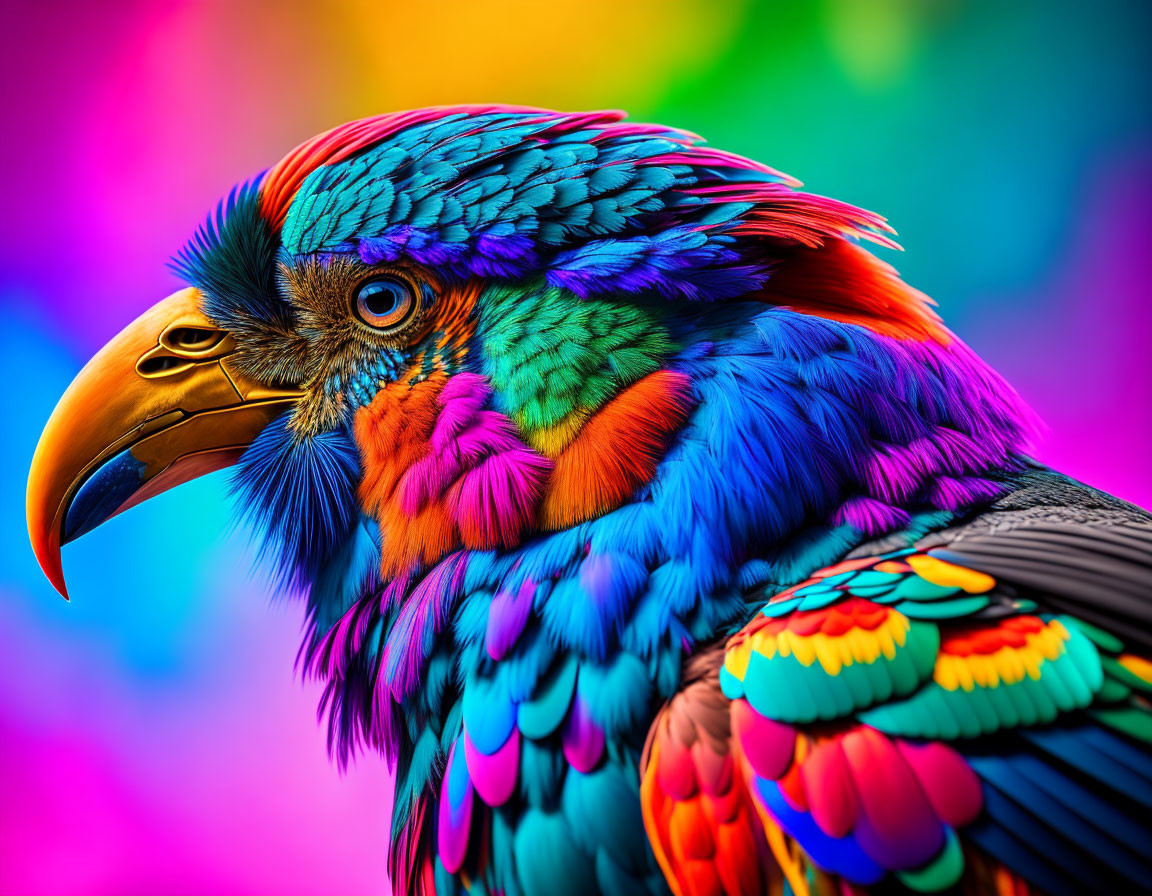 Colorful digitally altered bird with intricate feather details and golden beak.