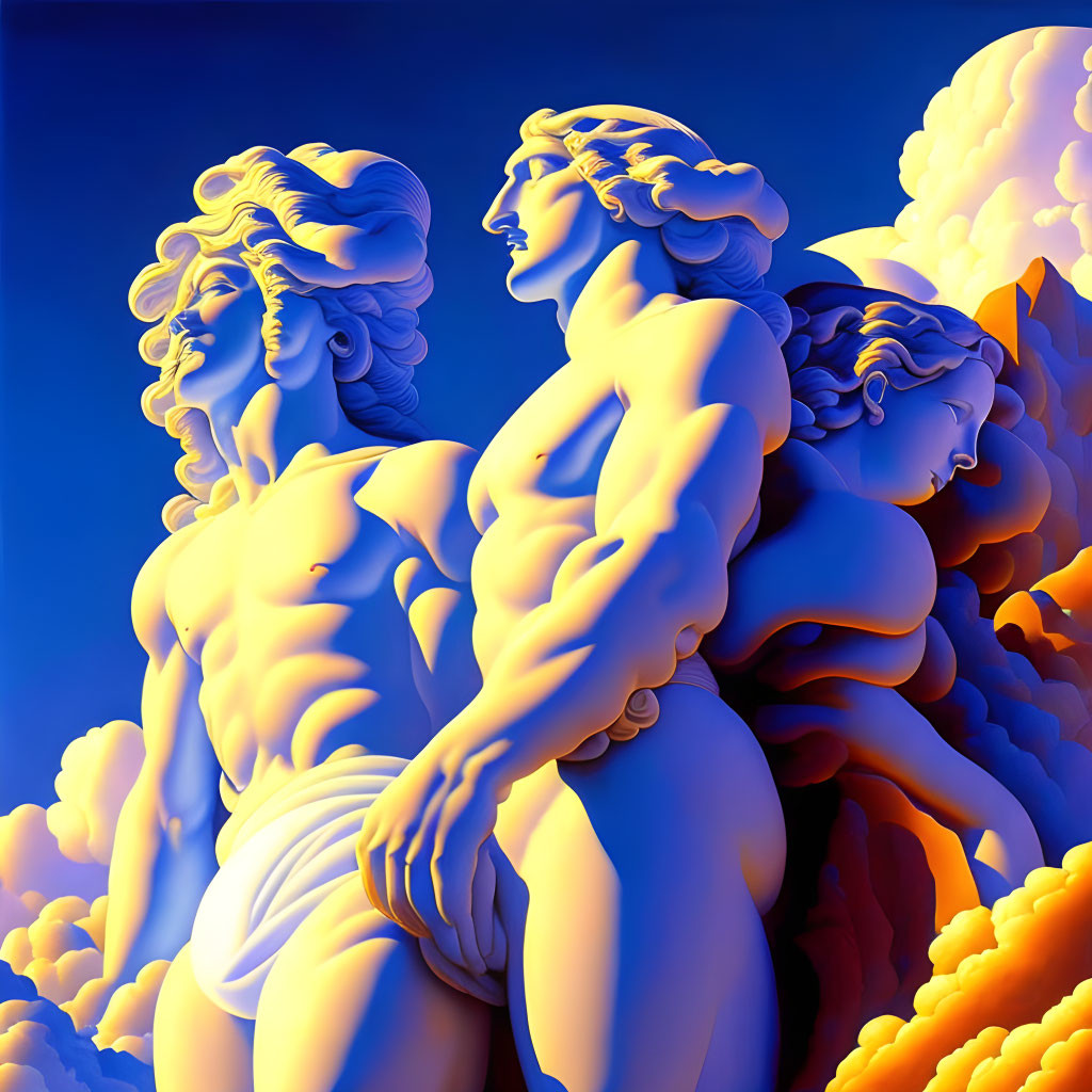 Colorful digital art: Three muscular figures in classical style on blue and orange backdrop