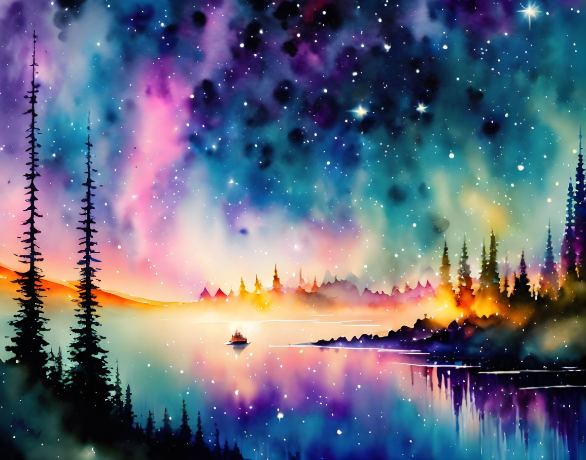 Colorful Watercolor Illustration of Surreal Night Sky and Lake