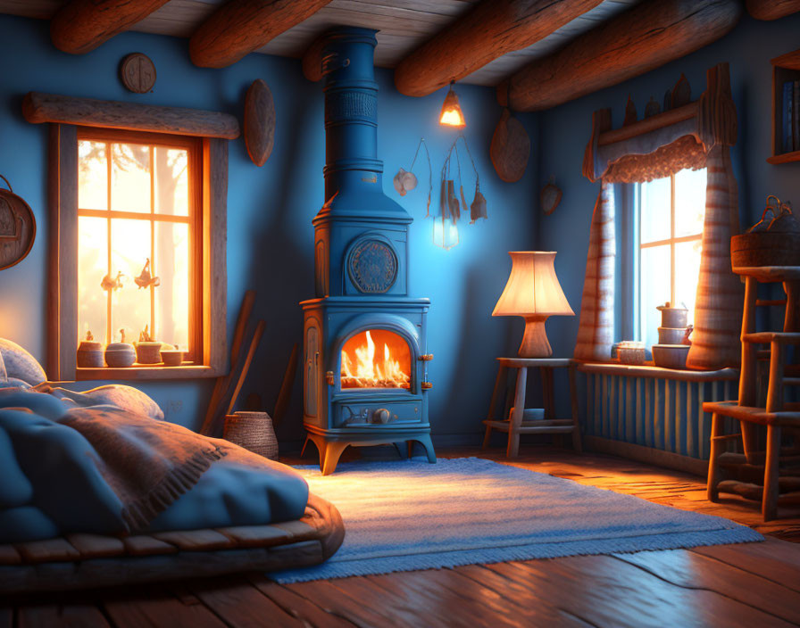 Rustic cabin room with fireplace, warm lighting, wooden furniture, cozy bed, sunset view