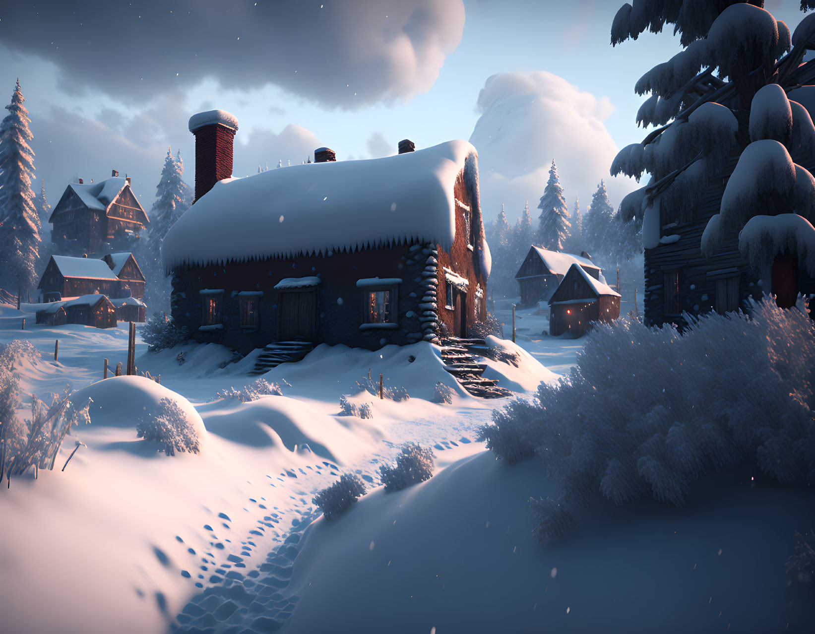 Snowy Winter Scene: Cozy Cottage in Tranquil Village at Dusk