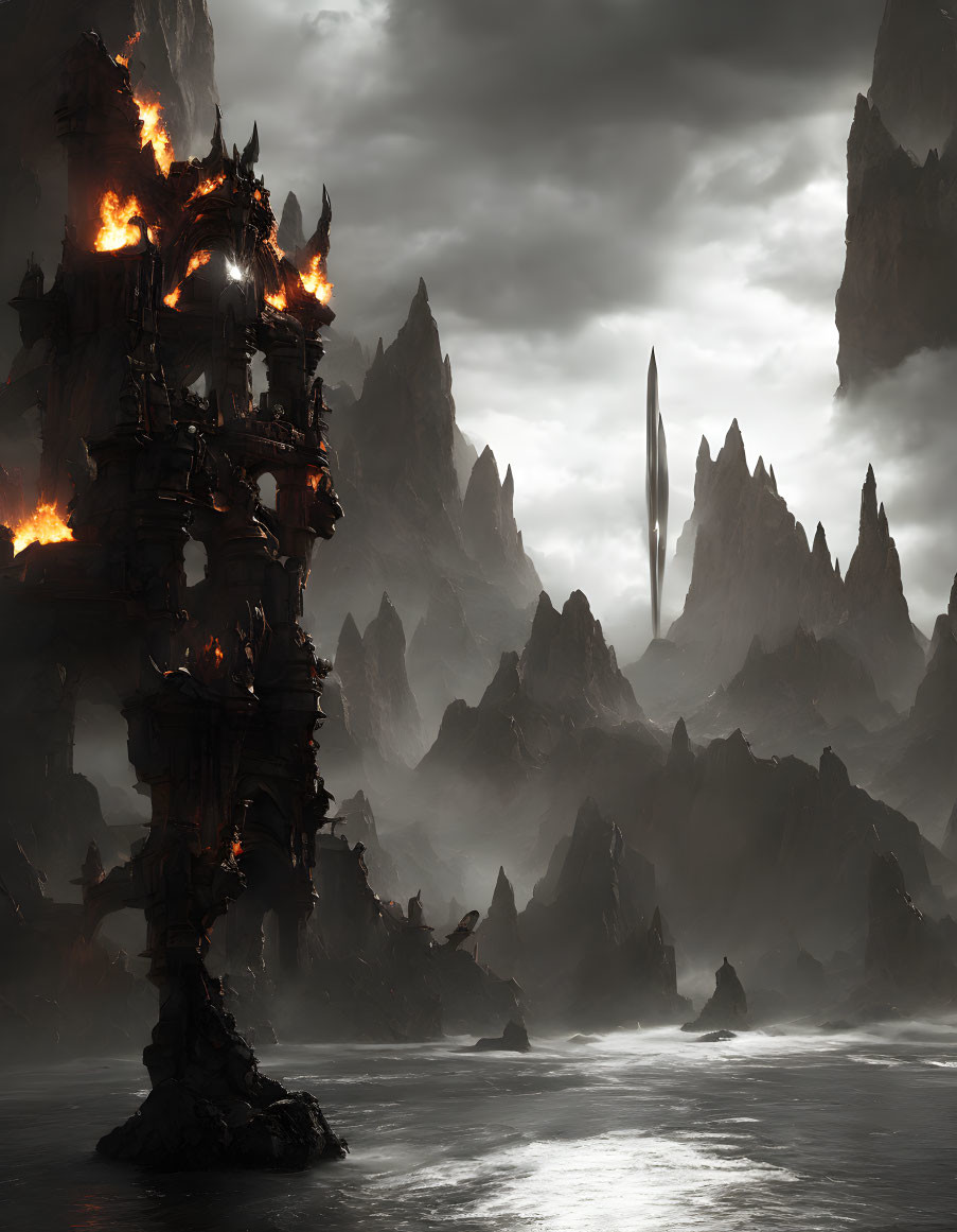 Foreboding landscape with fiery tower and ominous spire.