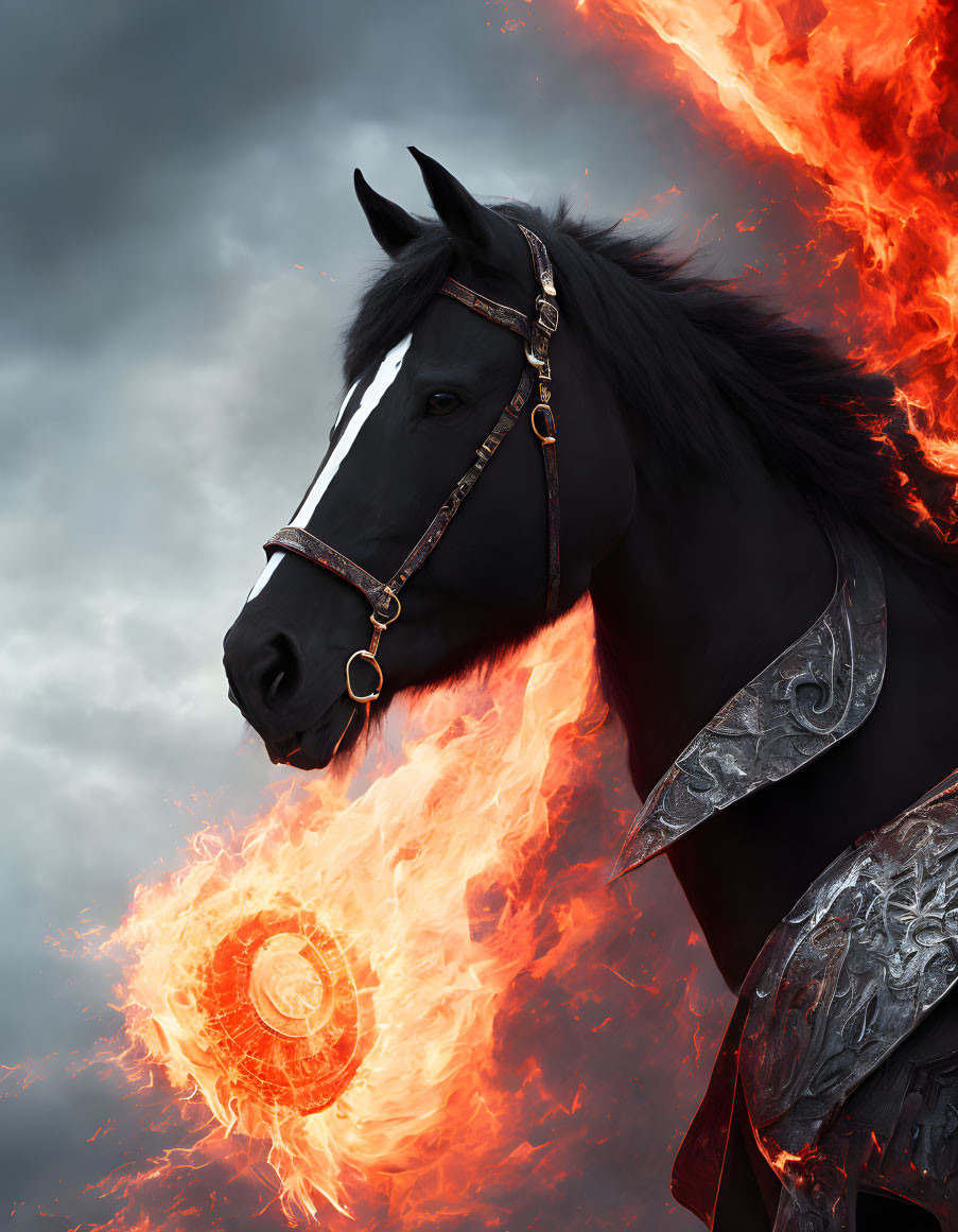 Black horse with fiery wings and aura under stormy sky