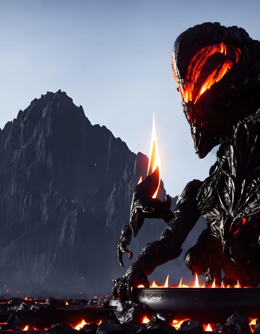 Glowing lava creature on volcanic landscape with sharp mountains