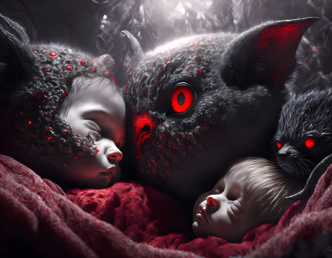 Infant and toddler sleeping beside large black mythical creature in red fabric