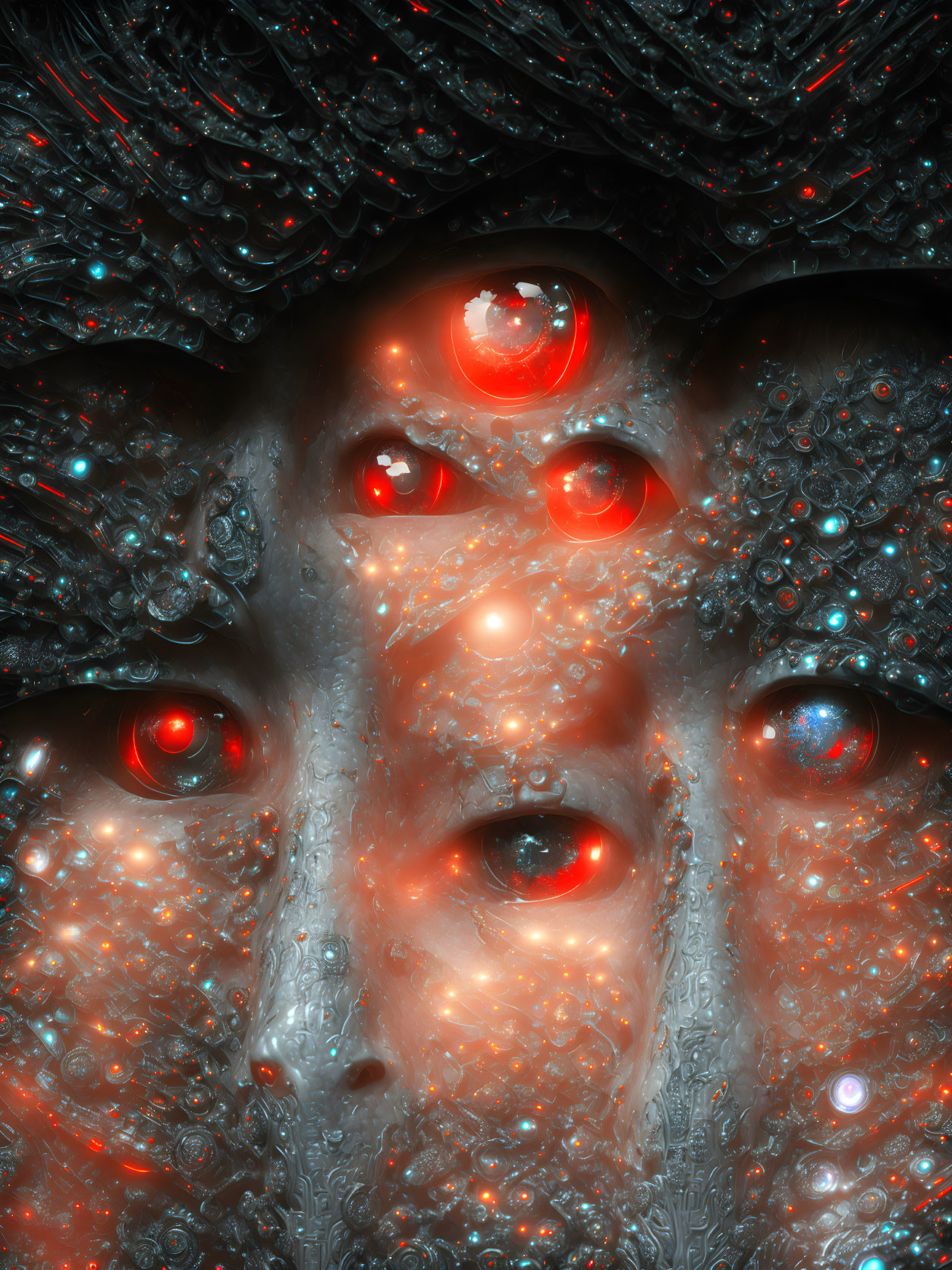 Surreal digital artwork: face with red glowing eyes and planet-like object