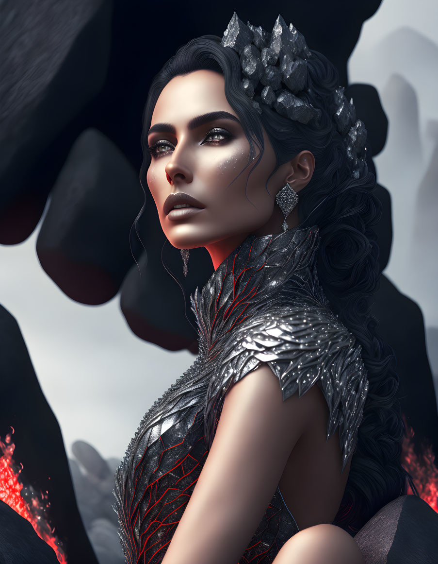 Digital artwork: Woman with dark hair, silver crown, metallic shoulder armor, red glowing seams, dark