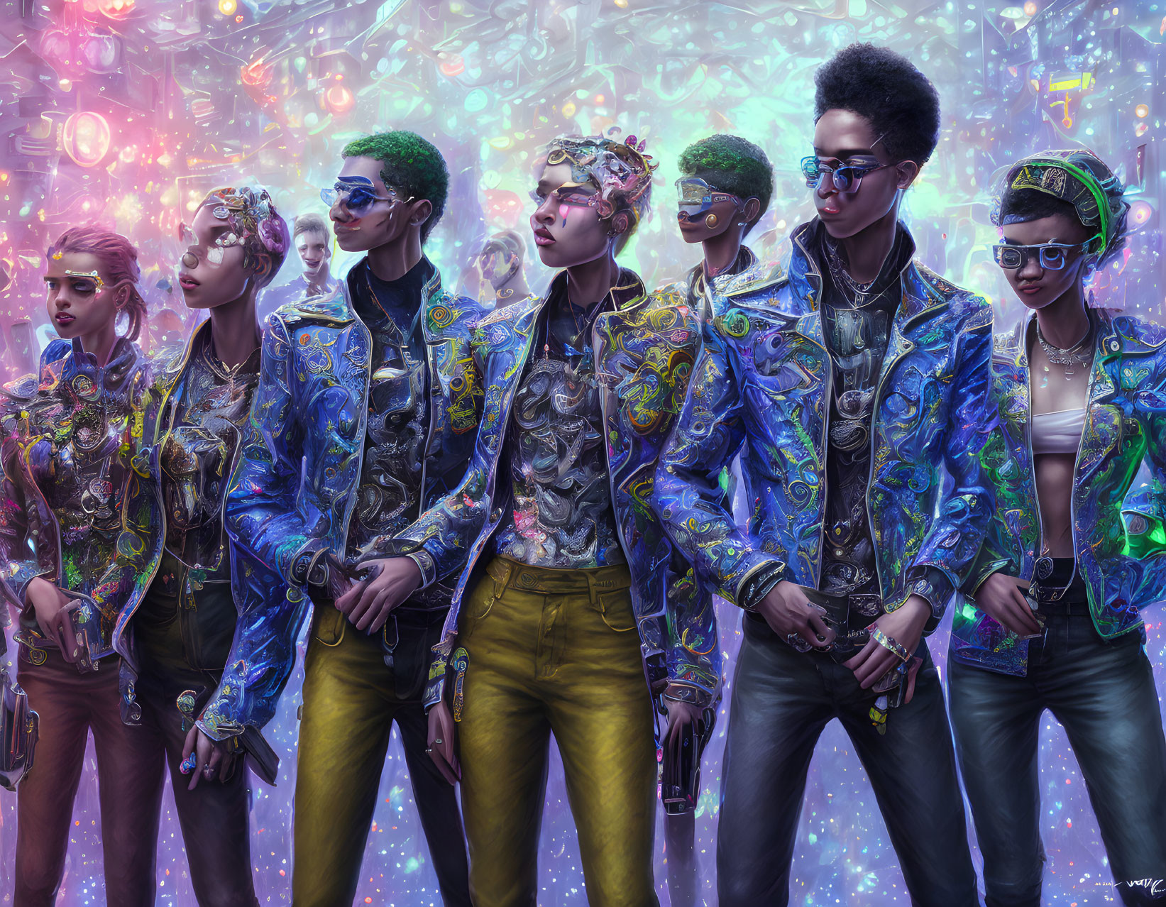Futuristic sunglasses and metallic clothing on stylish group