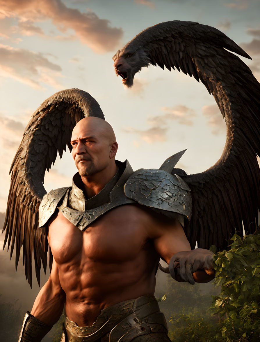 Muscular bald warrior in armor with eagle creature on arm at dusk