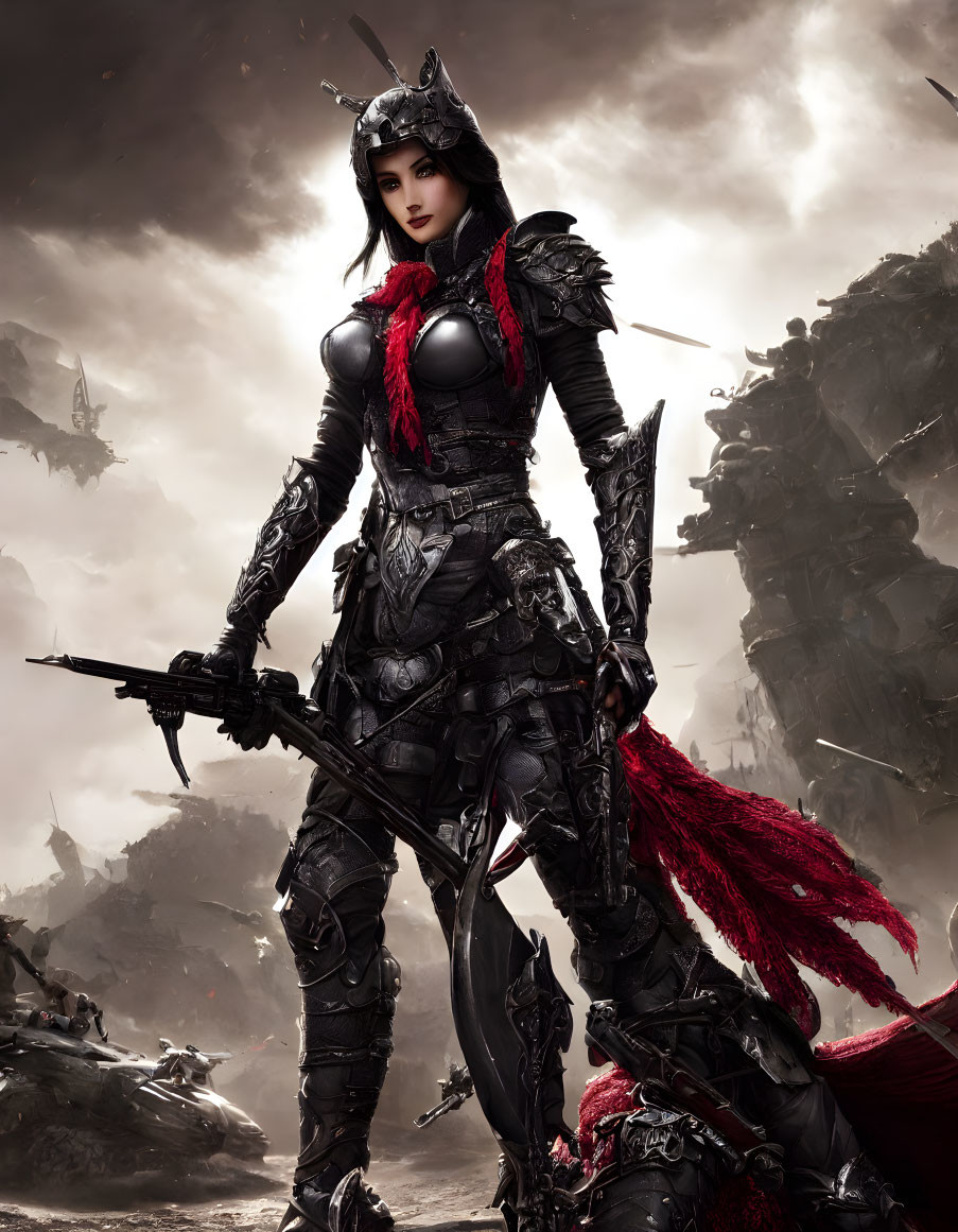 Warrior in Black Armor with Red Accents Stands in Dark Skies
