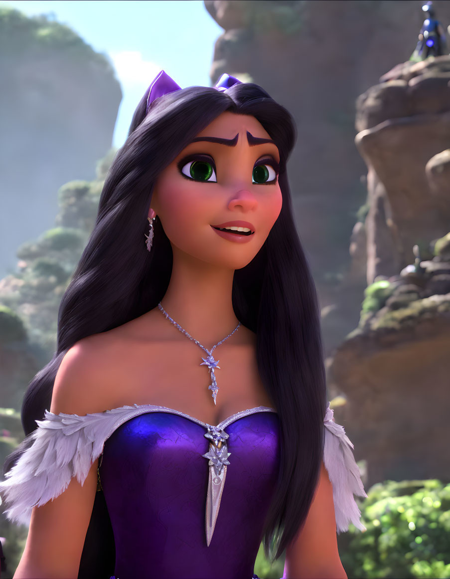 Long-haired animated character in purple dress and tiara, with green eyes, on sunlit rock and