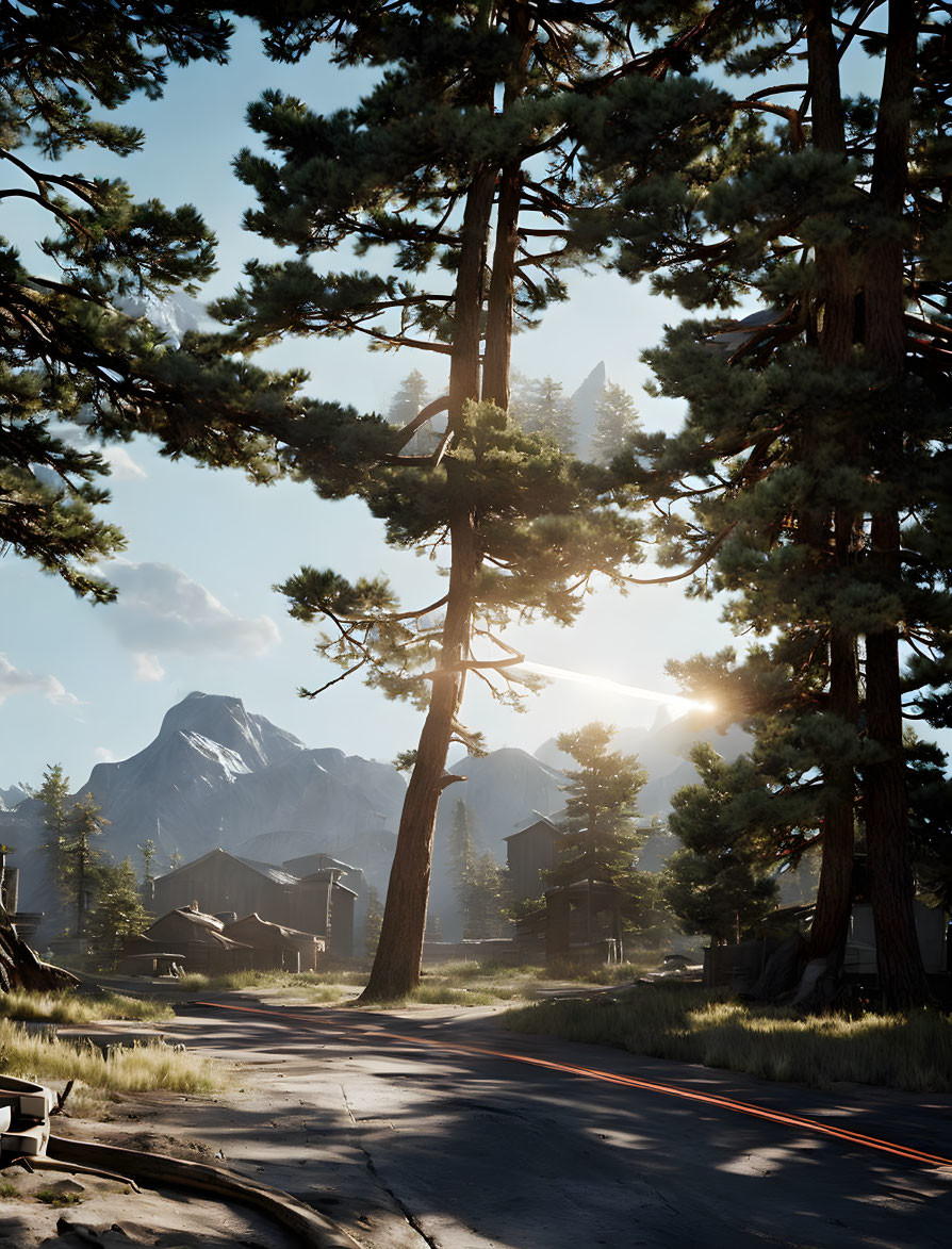 Tranquil forest road with sunlight, cabins, and mountains