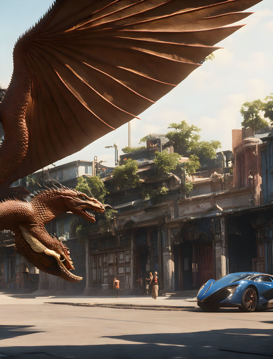 Majestic dragon overlooks old street with futuristic car