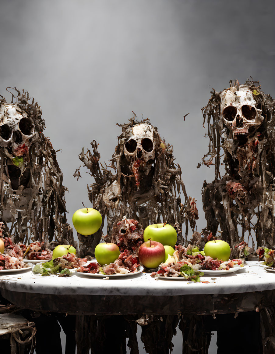 Three skull figures with tattered adornments and green apples on a table, against a stormy gray