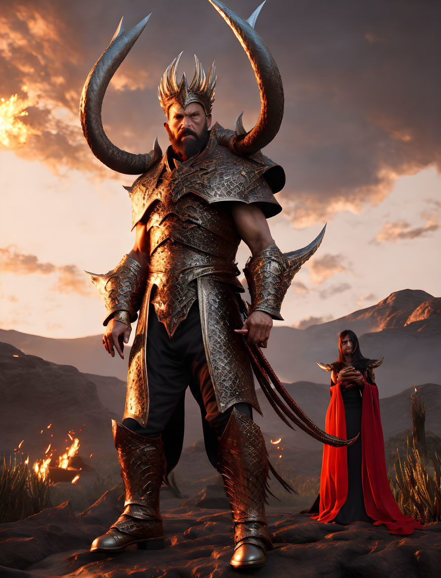Fantasy digital artwork: Armored warrior and woman in red cloak in fiery dusk landscape