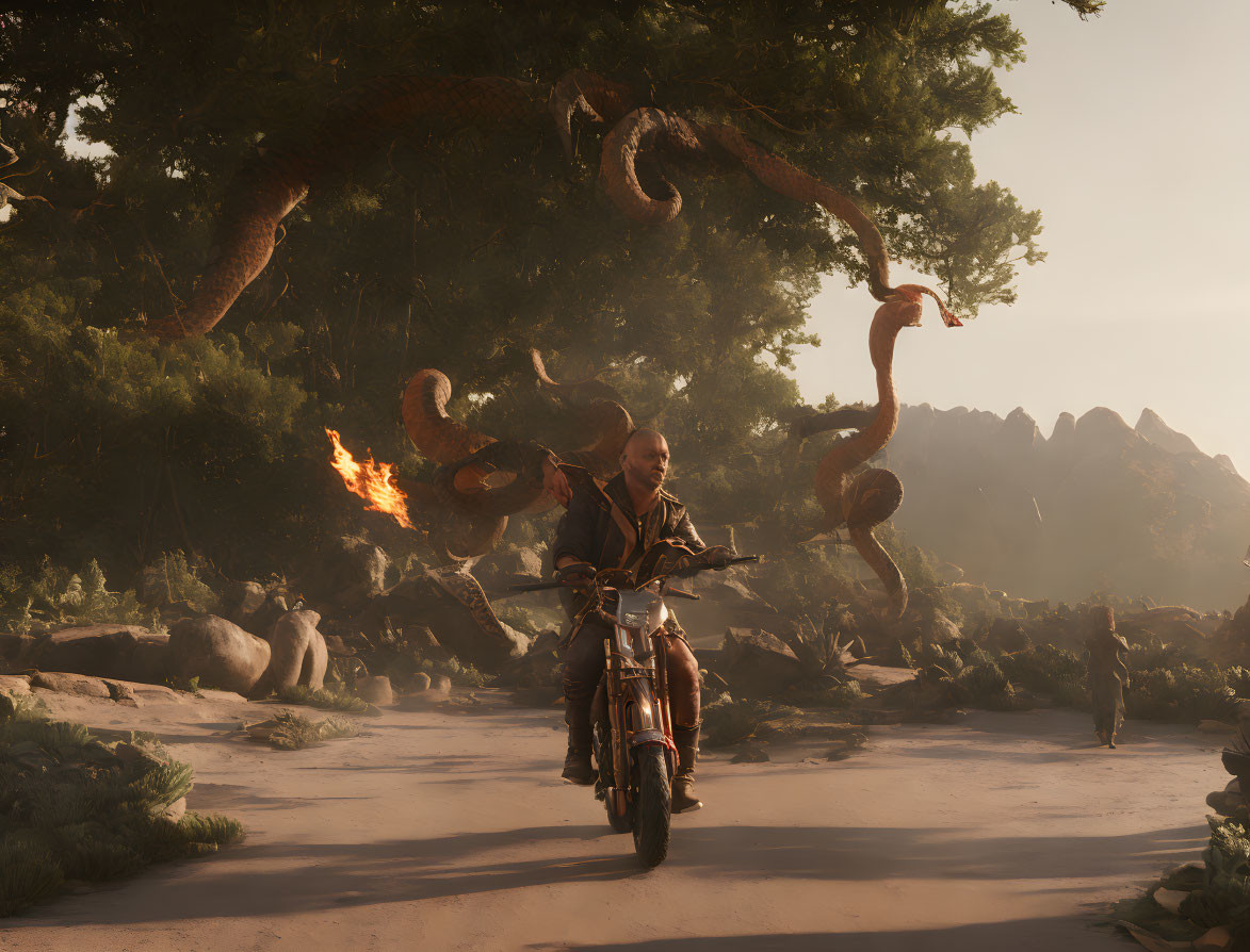 Man on Motorcycle Escapes Serpent Creature in Forest Landscape