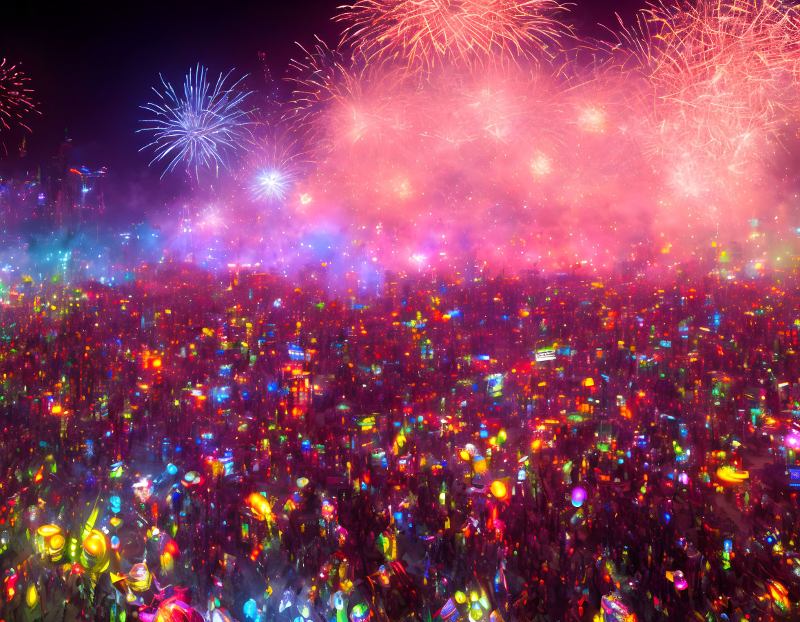Colorful Crowd and Fireworks Display at Night