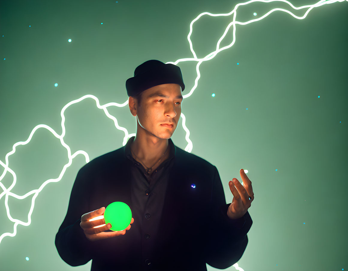Man in black outfit holding glowing green orb with lightning backdrop