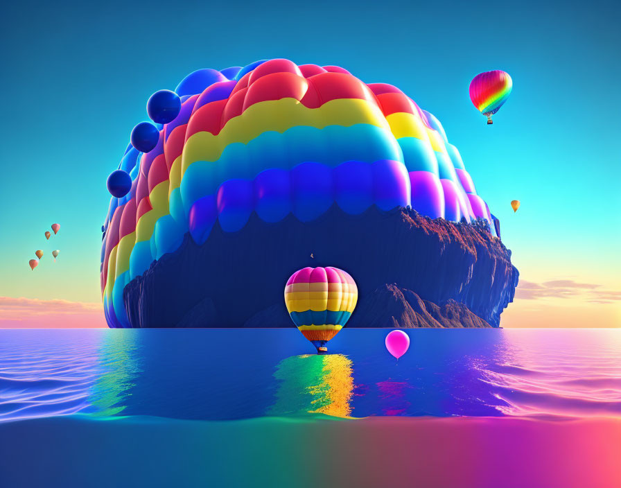 Vibrant Hot Air Balloons Over Tranquil Sea at Sunset