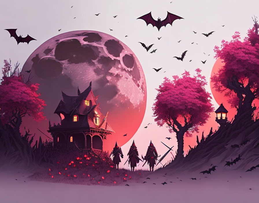 Spooky haunted house illustration with pink trees, bats, moon, flowers, and lanterns
