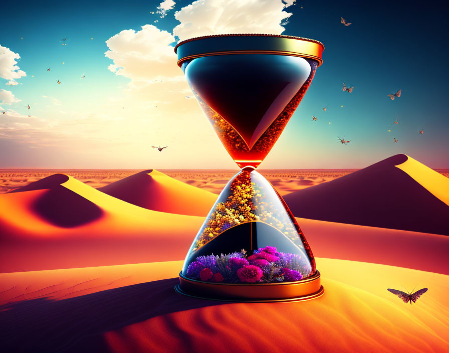 Hourglass on Desert Sand: Stars in Top, Flowers in Bottom