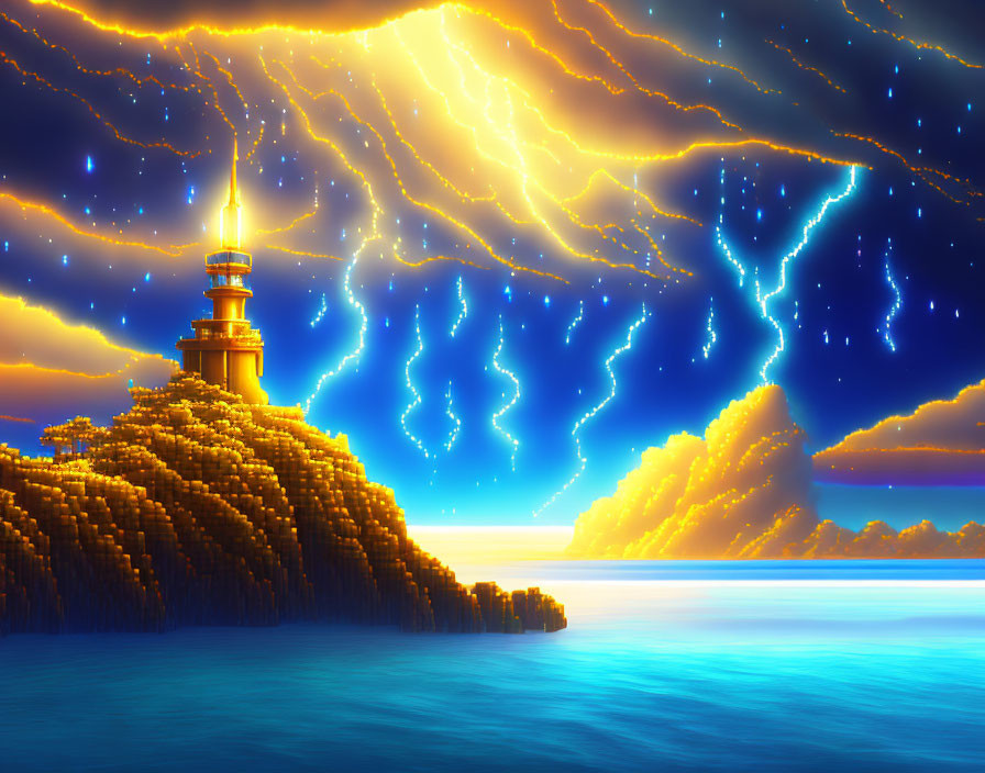 Animated lighthouse on cliff at sunset with starry sky and swirling lights over calm sea