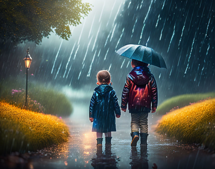 Children walking with umbrella on rainy path surrounded by lush greenery and glowing street lamp