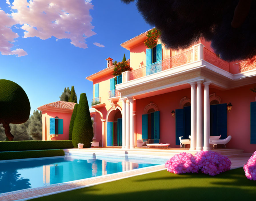 Luxurious pink villa with pool in vibrant digital artwork