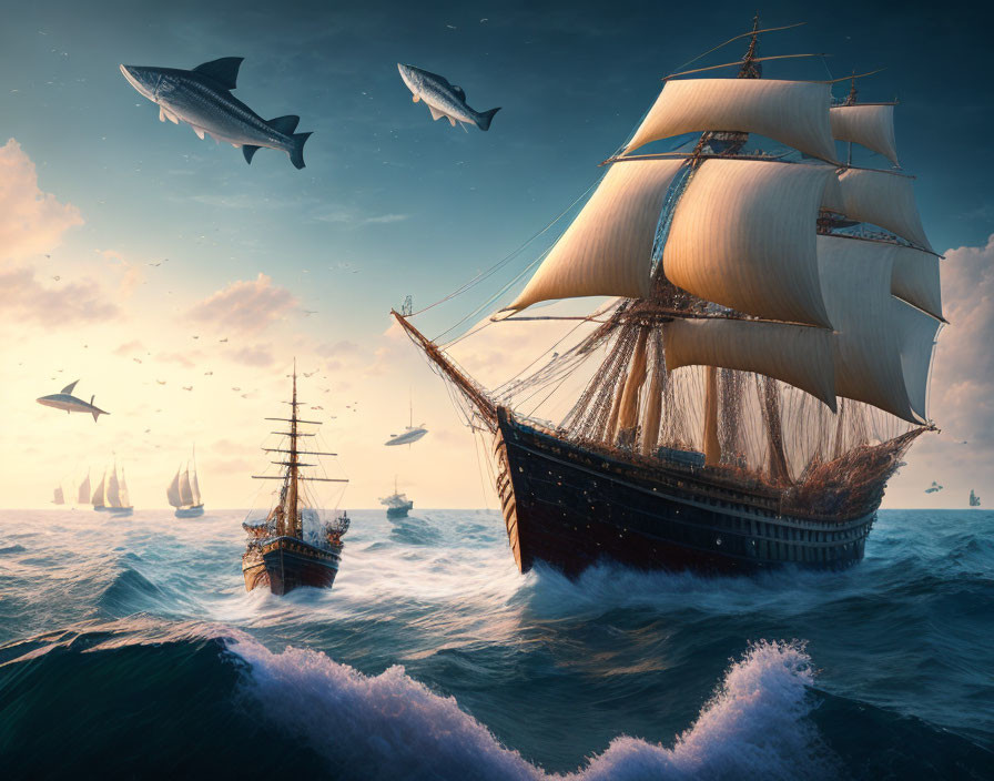 Tall ships sailing on turbulent sea with leaping sharks at sunset