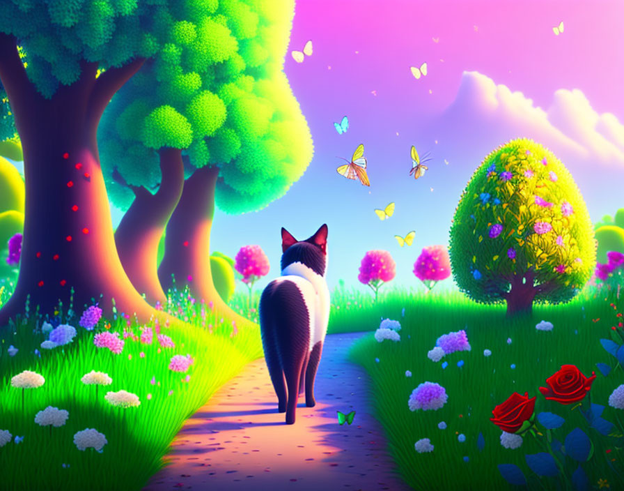 Cat observing vibrant fantasy landscape with lush flora and butterflies