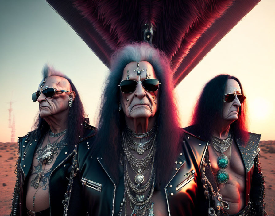 Three individuals in leather outfits with metal studs and chains posing confidently against a red sky and triangular shape.