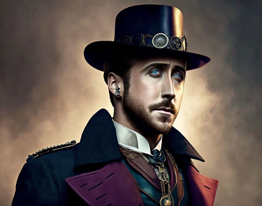 Man in Victorian attire with blue eyes and top hat on smoky background